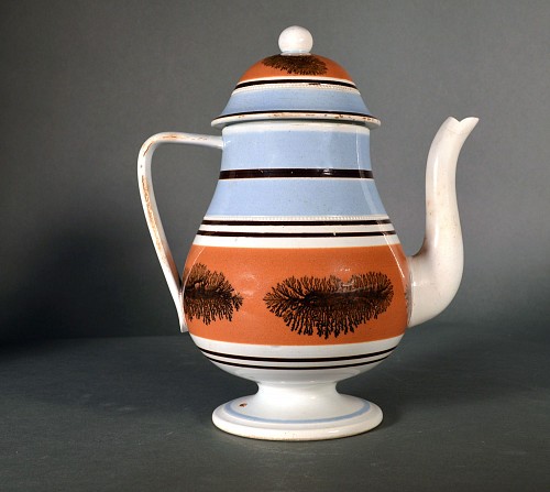 Inventory:  Mocha, Mocha Seaweed Pottery Pearlware Slip Decorated Coffeepot, 1820, $2,500