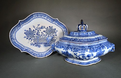 Chinese Export Porcelain Chinese Export Porcelain Early Blue & White Soup Tureen, Cover & Stand,
After a Northern European Baroque Silver Form, 1740-50 SOLD •