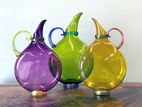 Inventory:  American Glass, Art Glass Hand Blown Flat Transparent Glass Pitchers, Set of Three. Nine Iron Studios, Pa., 2007, $3,000