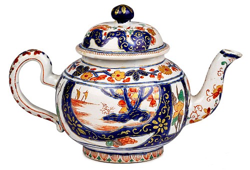 Inventory:  Dutch Delft, 18th-century Dutch Delft Dore Chinoiserie Teapot & Cover, Early 18th Century, $5,750