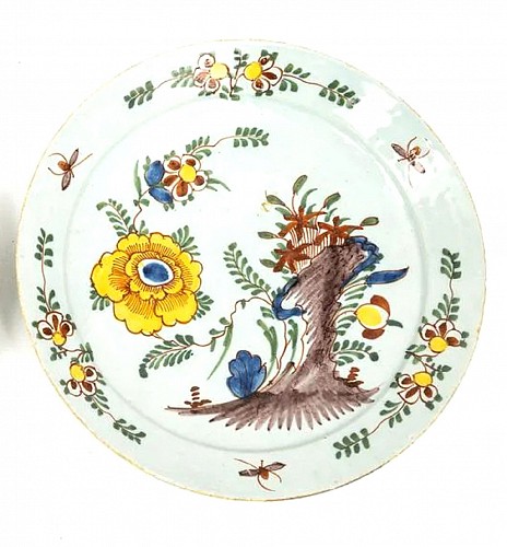 Dutch Delft 18th century Dutch Delft Polychrome Chinoiserie Plate, 1765 SOLD •