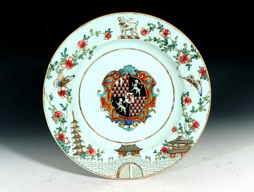 Inventory:  Chinese Export Porcelain, Yongzheng Period Chinese Export Porcelain Armorial Plate with Arms of Gresley Quarterly with Bowyer in Pretence, 1735, $7,500