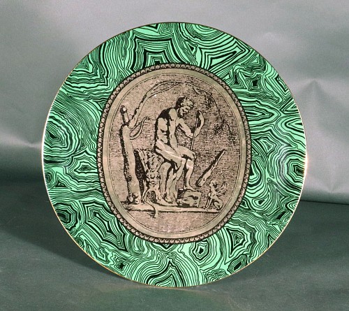 Piero Fornasetti Piero Fornasetti Porcelain Neo-classical Green Malachite Cammei (Cameo) Plate, 1950s SOLD •