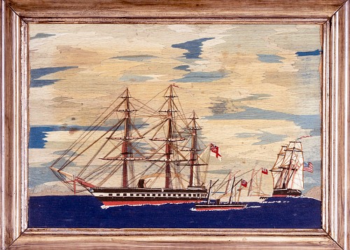 Sailor's Woolwork Sailor's Woolwork of Four Ships including an American Ship, 1875 SOLD •