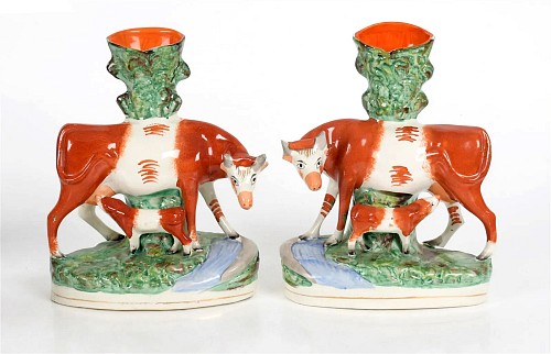 Inventory:  Staffordshire, Staffordshire Pottery Cow Figure Spill Vases, 1860-80, $1,500