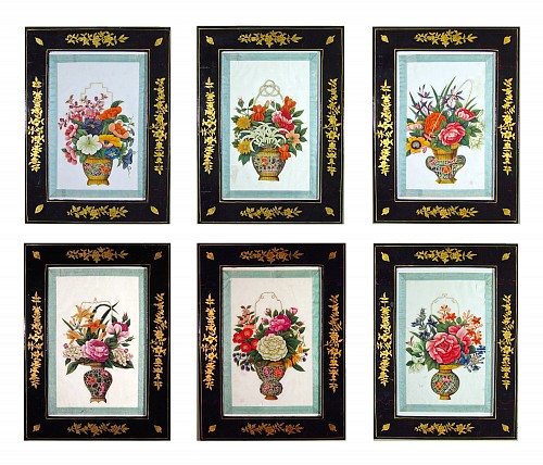 Inventory: China Trade China Trade Watercolors of Flower Baskets with Chinoiserie Frames, A Set of Six, Circa 1850 $12,500