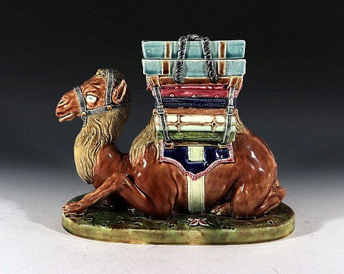 Inventory:  St Amond Majolica, French St. Amand Majolica Camel-form Lidded Box, 1870, $6,500