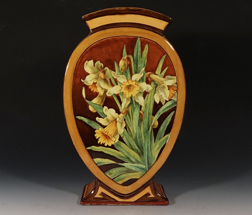 British Pottery Aesthetic Movement Doulton Faience Shaped Botanical Pottery Vase Signed by Artist Mary M Arding, Early 1880s $1,900