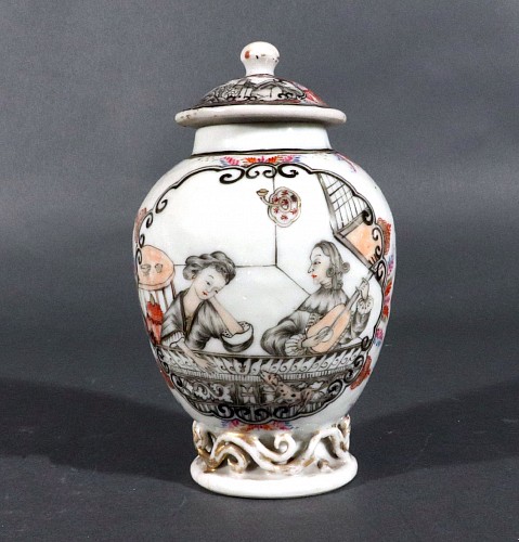 Inventory:  Chinese Export Porcelain, Chinese Export Porcelain En Grisaille Teapoy with European Figures, 1735, $1,900