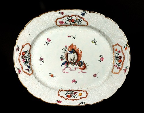 Inventory:  Chinese Export Porcelain, Chinese Export Porcelain Armorial Dish with Coat of Arms with Elephant, Motto: "Pura Placet Piteas", After an Original Meissen Service, 1760, $3,500