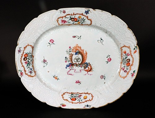 Inventory:  Chinese Export Porcelain, Chinese Export Porcelain Armorial Dish with European Coat of Arms, Motto- His Ornari Aut Mori, 1760, $3,500