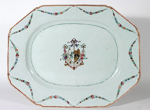 Inventory:  Chinese Export Porcelain, Chinese Export Porcelain Armorial Dish- Morgan impaling Wharton Coat of Arms, 1775, $1,800