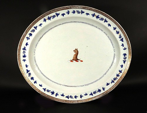 Inventory: Chinese Export Porcelain Chinese Export Porcelain Blue Enamel Border Armorial Griffin Crest Dish, 1780 SOLD &bull;