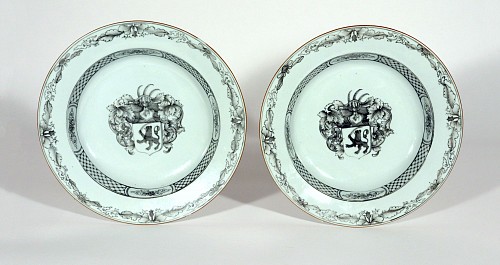 Inventory:  Chinese Export Porcelain, Chinese Export Porcelain Armorial European Market En Grisaille Soup Plates, 1745, $2,500