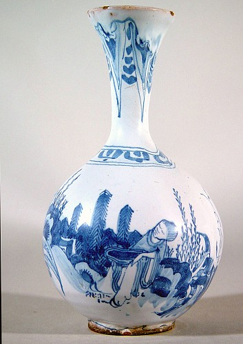 Inventory:  German Faience, 17th-century Frankfurt German Faience Blue & White Chinoiserie Bottle Vase, Circa 1680-90, $950