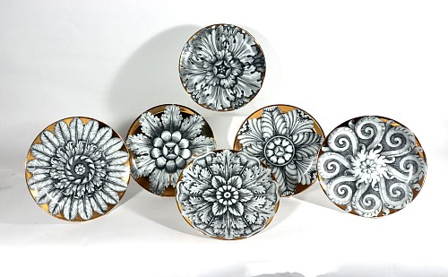 Inventory:  Piero Fornasetti, Vintage Set of Six Piero Fornasetti Porcelain Rosoni Pattern Plates Depicting Rosettes, 1980s, $5,750