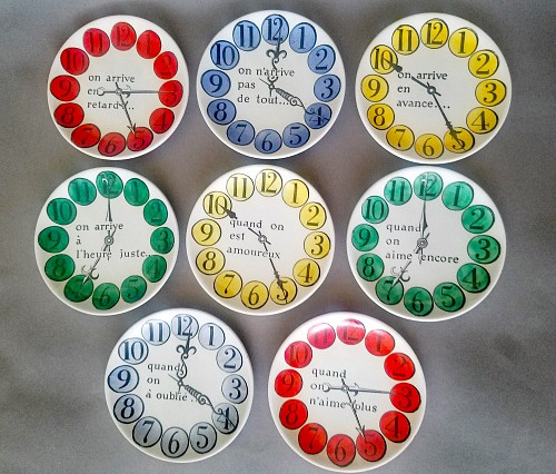 Inventory:  Piero Fornasetti, Piero Fornasetti Complete Set "Quand on Arrive" Clock Coasters, "When One Arrives", Early 1950s, $750