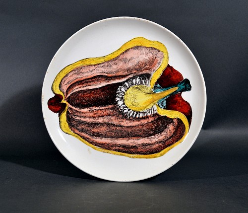 Inventory:  Piero Fornasetti, Piero Fornasetti Pottery Plate, Sezioni Di Frutta, #6, Depicting a Pepper, 1960s, $750