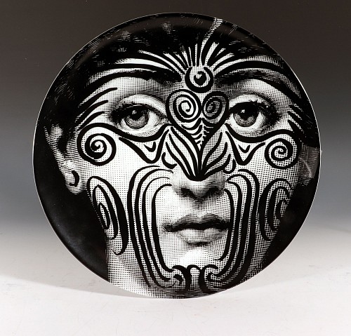 Inventory:  Piero Fornasetti, Fornasetti Themes & Variations Porcelain Plate, Number 9, Maori Tatoos, 1990s, $795