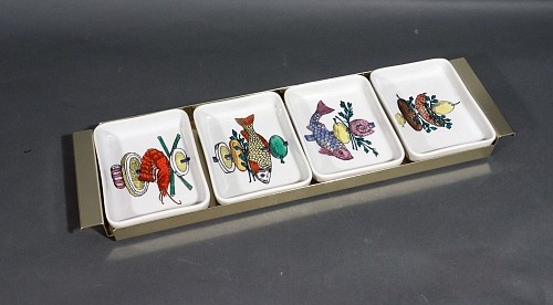 Inventory:  Piero Fornasetti, Piero Fornasetti Ceramic Appetizer Dishes and Serving Tray, Schidione,  (Large Skewer), Early 1960s, $3,750