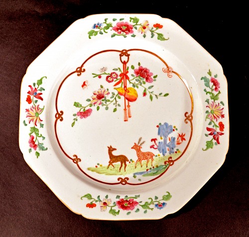 Inventory:  Derby Factory, Antique Derby Porcelain Chinoiserie Plate after a Chinese Yung Cheng Famille Rose Example, Circa 1810, $550