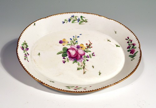 Inventory:  Boissettes Factory, French Porcelain Botanical Oval Tray with Floral Bouquets, Probably Boissettes Factory, Circa 1750, $450