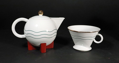 Inventory:  Swid Powell, Michael Graves Little Dripper Porcelain Filter Drip Coffeemaker Manufactured by Swid Powell, Dated 1987, 1987, $550