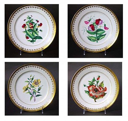 Inventory:  Paris Porcelain, Antique Paris Porcelain Botanical Set of Plates, Marked Flamen-Fleury, Circa 1830-35, $1,800