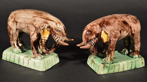 A Pair of English Pottery Creamware Models of Elephants, 18th century. SOLD •