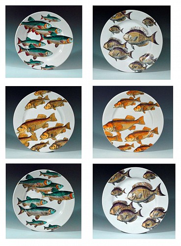 Piero Fornasetti Piero Fornasetti  Passata de pesce (Passage of Fish) Pesci pattern Plates, (6), 1950s SOLD •