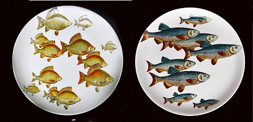 Inventory:  Piero Fornasetti, Piero Fornasetti Pottery Pair of Plates with Fish Decoration- Pesci pattern, 1960s, $1,250