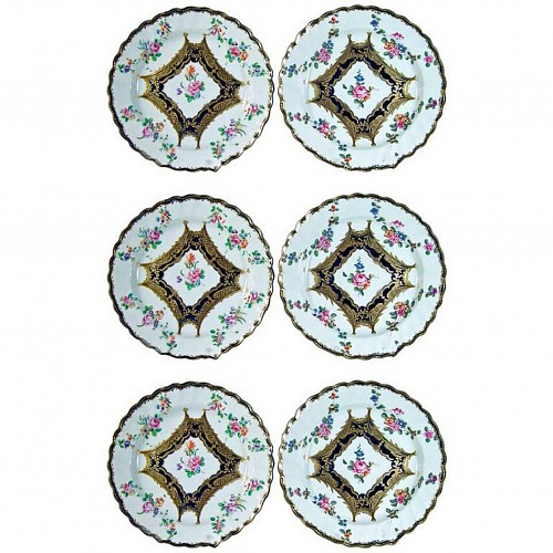 Inventory:  Chelsea Derby, Antique Chelsea Derby Porcelain Set of Six Botanical Dessert Plates, 1765-70, SOLD •