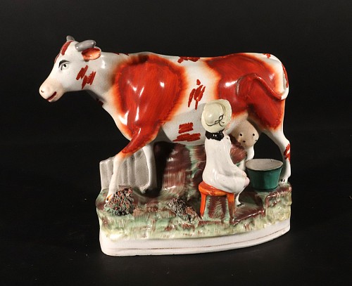 Inventory:  Staffordshire, Staffordshire Pottery Cow Figure with Milkmaid, 1860-80, $600