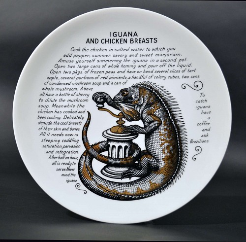 A Piero Fornasetti Porcelain Iguana & Chicken Breasts Recipe Plate made for the Fleming Joffe Company. SOLD •