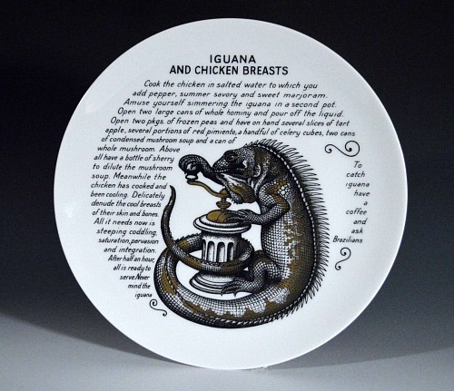 A Piero Fornasetti Fleming Joffe Recipe Plate Iguana and Chicken Breasts, Early 1970's. SOLD •