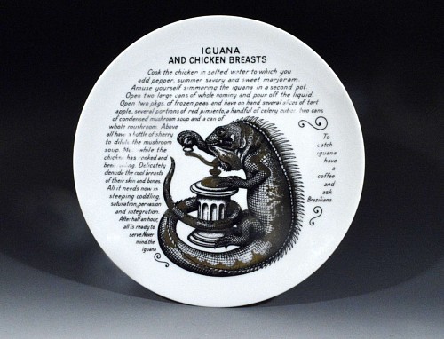 Inventory: Vintage Piero Fornasetti Porcelain Recipe Plate, Iguana and Chicken Breasts,
Made for Fleming Joffe,1960s., SOLD •