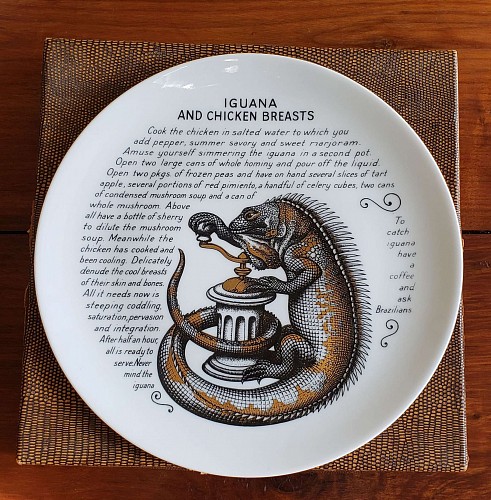 Inventory:  Piero Fornasetti, Piero Fornasetti Fleming Joffe Recipe Plate- Iguana & Chicken Breasts and Original ""Hide"" Box, 1960s -1974, SOLD •