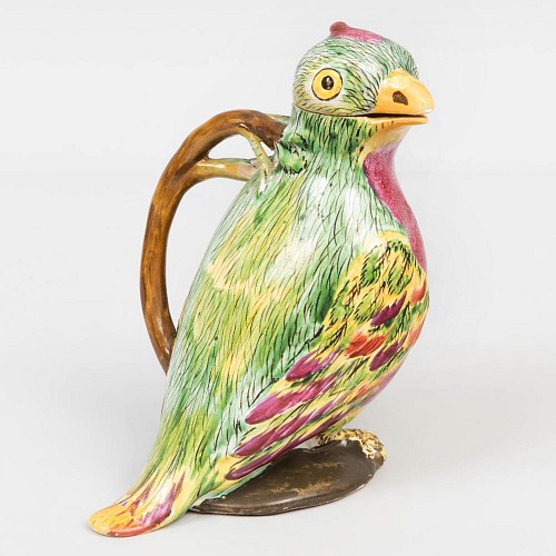 Inventory:  Proskau Faience, Faience Tromp L'oeil Jug in the Form of a Parrot, Proskau, Poland, Circa 1770, $4,000