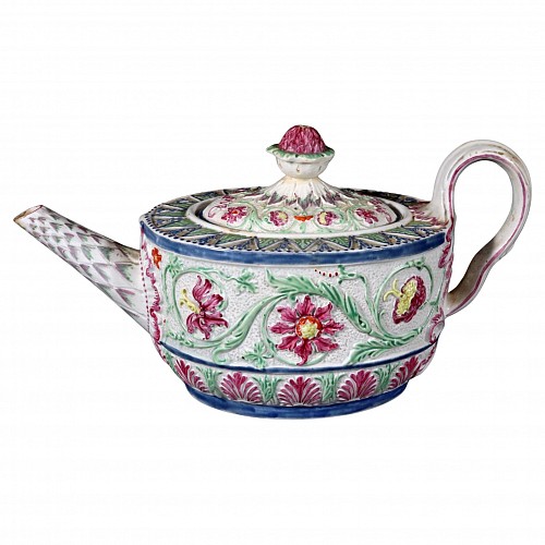 Pearlware Outstanding Molded Painted Pearlware Teapot & Cover, Possibly Wilson, 1790-95 $2,500