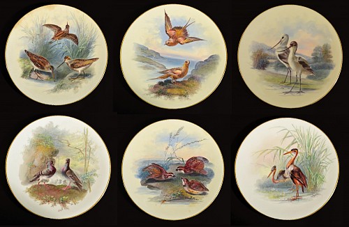 Inventory:  Minton Factory, Antique English Minton Porcelain Cabinet Plates of Birds signed by William Mussil,  A Set of Six, Circa 1880, $1,500