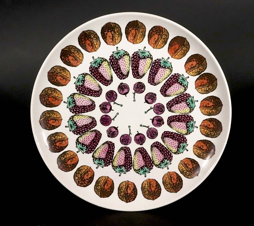 Inventory:  Piero Fornasetti, Piero Fornasetti Ceramic Plate with Giostra Di Frutta Pattern, #4 in Series, 1955-1960, $750