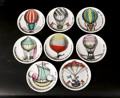 Inventory:  Piero Fornasetti, Piero Fornasetti Ceramic Palloni, Hot Air Balloon Complete Set of Coasters, 1955-60, $985