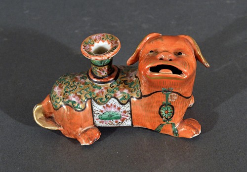 Chinese Export Porcelain Chinese Export Canton Porcelain Foo Dog Candlestick, 1860 $850