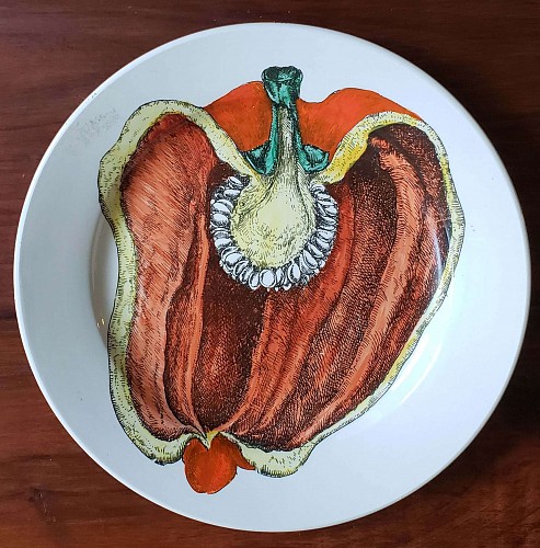 Inventory:  Piero Fornasetti, Piero Fornasetti Cut Fruit Pottery Plate, Sezioni Di Frutta Series, Peperone, Dated 1953, $750