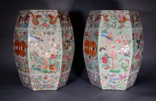 Chinese Export Porcelain Chinese Export Celedon Garden Seats with Famille Rose Botanical Decoration, 1850-60 SOLD •