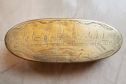 English Brass Dutch Brass Tobacco Box Depicting the City of Delft, 1760 SOLD •