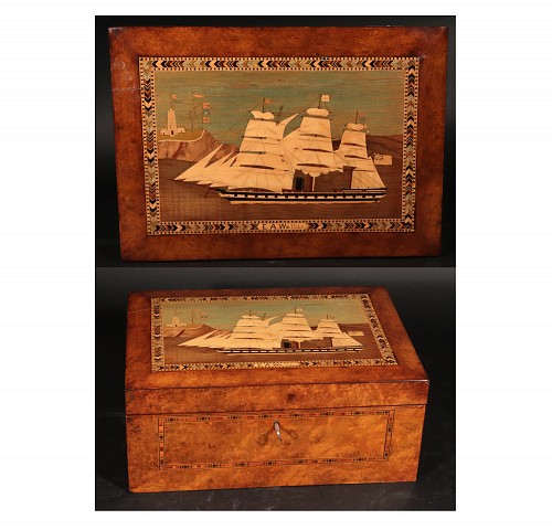 Inventory:  Trinity House, Fine Trinity House Inlaid Burlwood Ship-decorated Sewing or Work Box, 1850-80, $6,000