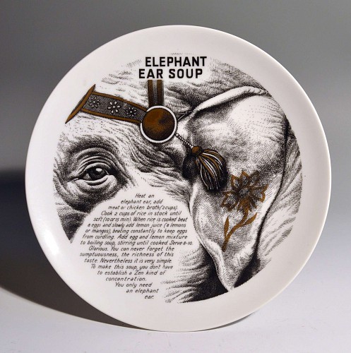 Inventory:  Piero Fornasetti, Piero Fornasetti Fleming Joffe Porcelain Plate- Elephant Ear Soup, 1960s, $750