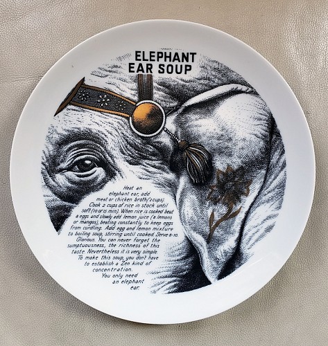 Inventory:  Piero Fornasetti, Piero Fornasetti Fleming Joffe Porcelain Plate- Elephant Ear Soup, 1960s-Early 70s, $750