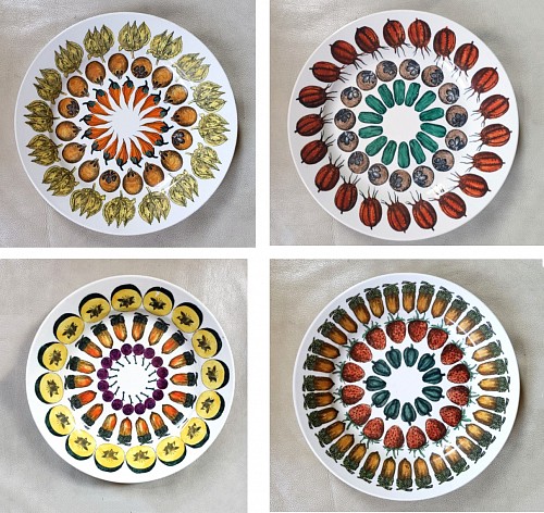 Piero Fornasetti Piero Fornasetti Giostra di Frutta Pattern Set of Four Pottery Plates, Mid-1950s SOLD •